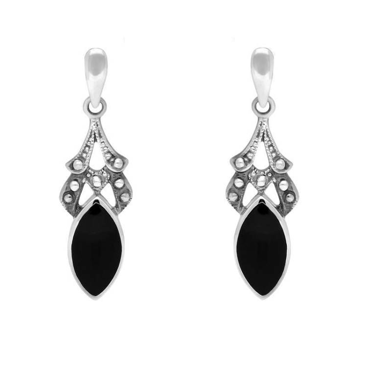 Sterling Silver Whitby Jet Marquise Drop Earrings - Silver