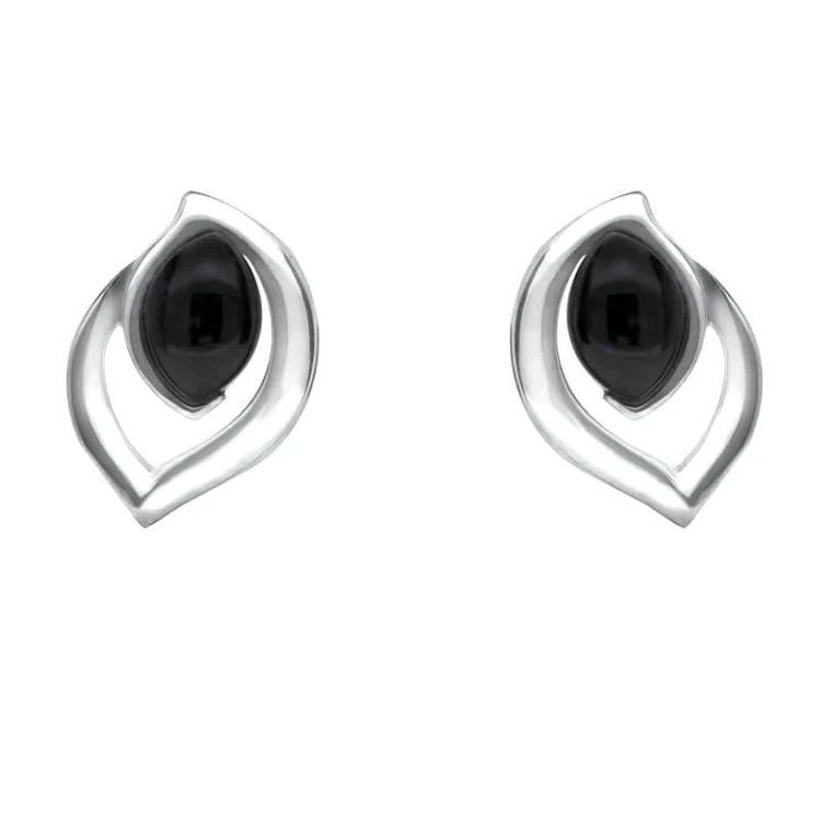 Sterling Silver Whitby Jet Marquise Flame Stud Earrings - Silver