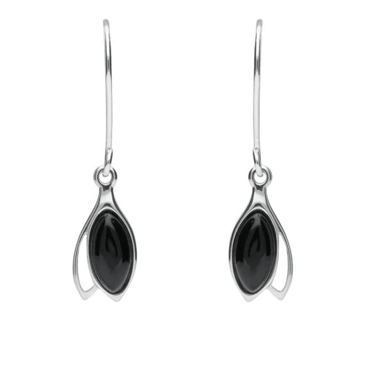 Sterling Silver Whitby Jet Marquise Drop Hook Earrings