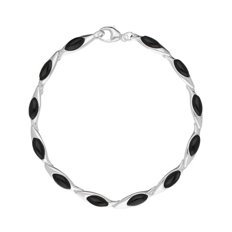 Sterling Silver Whitby Jet Marquise Link Bracelet - Silver