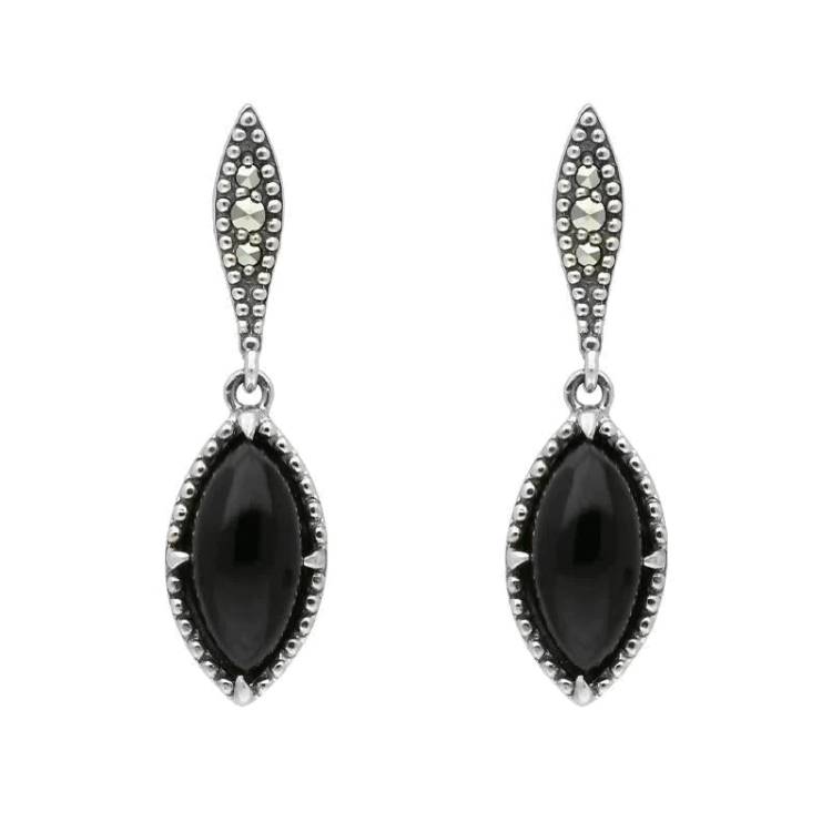 Sterling Silver Whitby Jet Marquise Long Drop Earrings - Silver