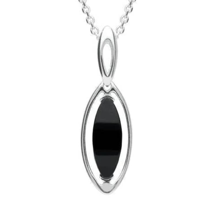 Sterling Silver Whitby Jet Marquise Open Sided Necklace - Silver