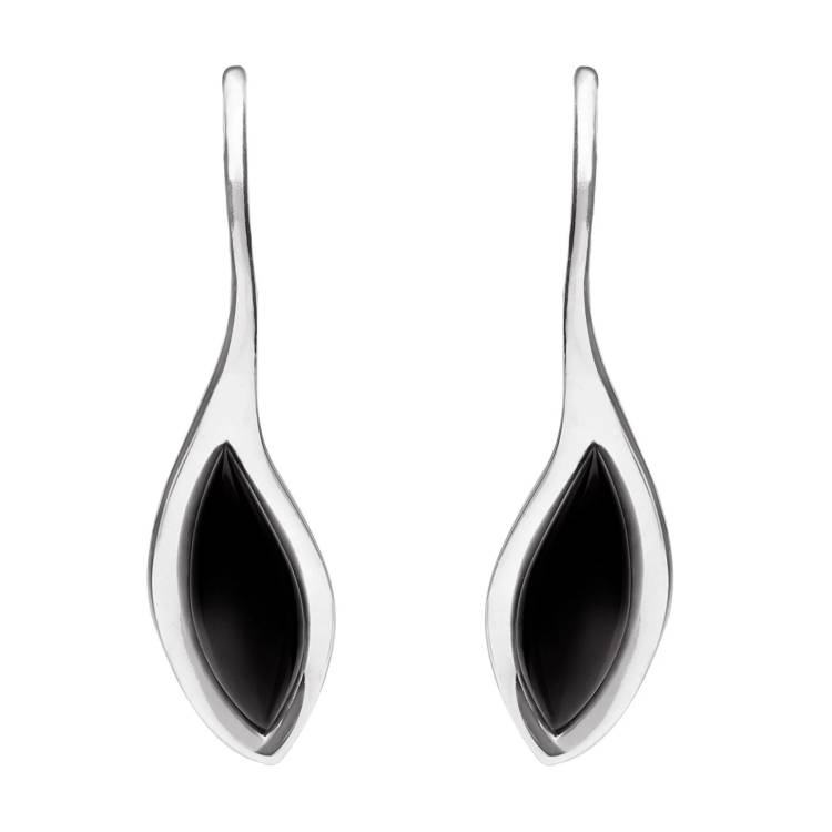 Sterling Silver Whitby Jet Marquise Overlap Hook Earrings - Silver