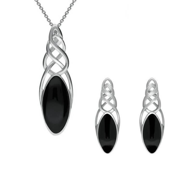 Sterling Silver Whitby Jet Marquise Pierced Long Two Piece Set