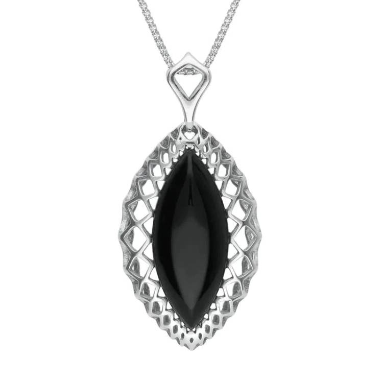 Sterling Silver Whitby Jet Marquise Pierced Necklace - Silver