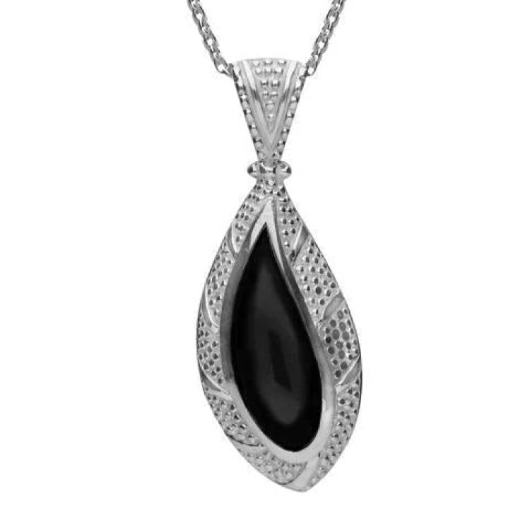 Sterling Silver Whitby Jet Marquise Shape Beaded Edge Necklace - Silver