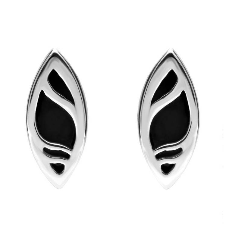 Sterling Silver Whitby Jet Marquise Shaped Ripple Stud Earrings D - Silver