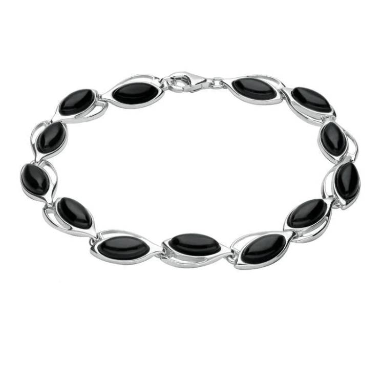 Sterling Silver Whitby Jet Marquise Thirteen Stone Bracelet - Silver