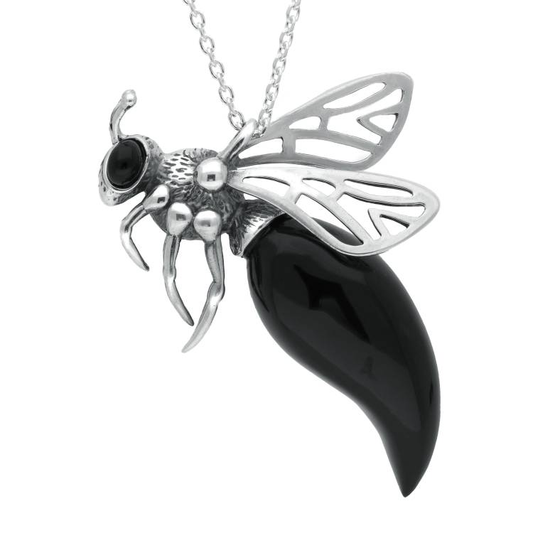 Sterling Silver Whitby Jet Medium Honey Bee Necklace - Silver