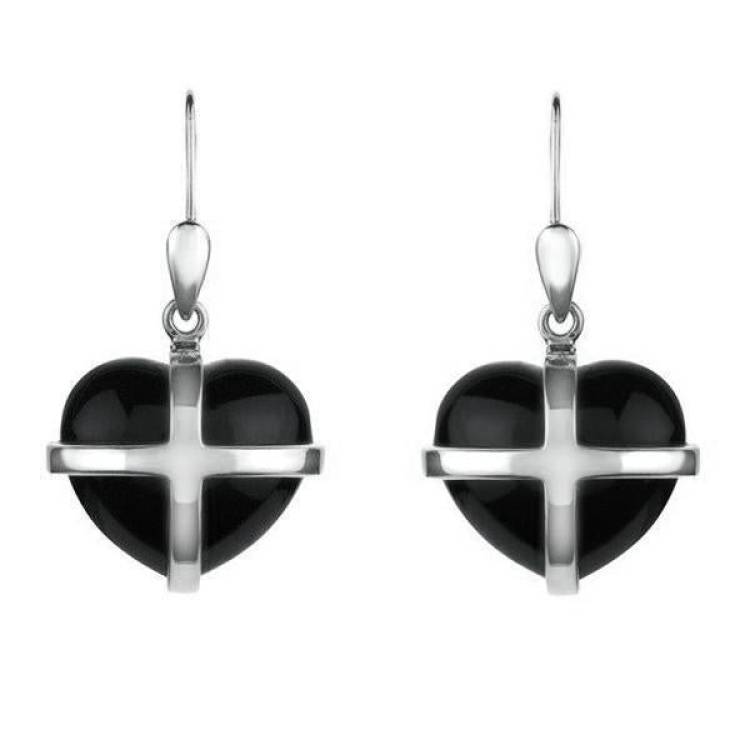 Sterling Silver Whitby Jet Medium Cross Heart Drop Earrings - Silver