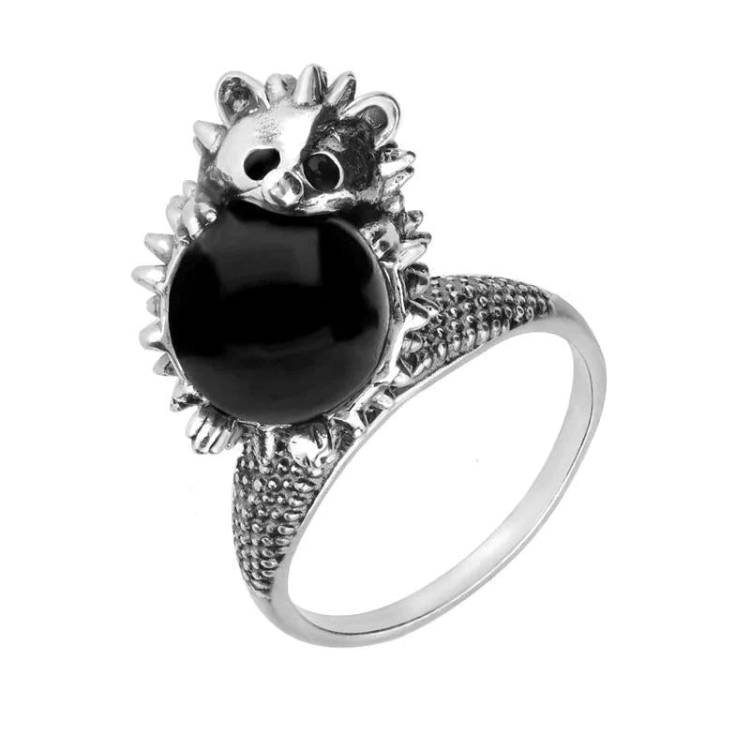 Sterling Silver Whitby Jet Medium Hedgehog Ring - Silver