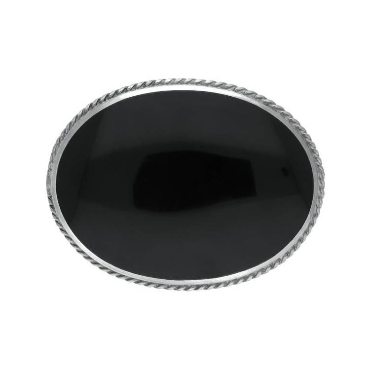 Sterling Silver Whitby Jet Medium Oval Rope Edge Brooch - Silver