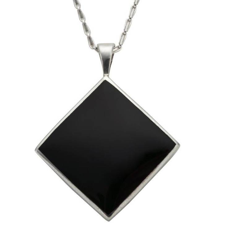 Sterling Silver Whitby Jet Medium Rhombus Necklace - Silver