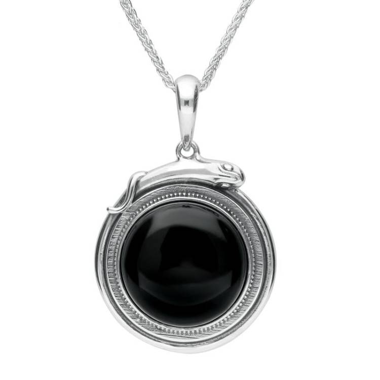 Sterling Silver Whitby Jet Medium Round Snake Edge Necklace - Silver