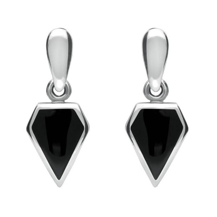 Sterling Silver Whitby Jet Small Kite Drop Earrings - Silver