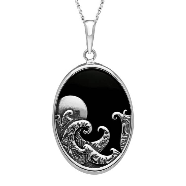 Sterling Silver Whitby Jet Moon Waves Oval Necklace - Silver