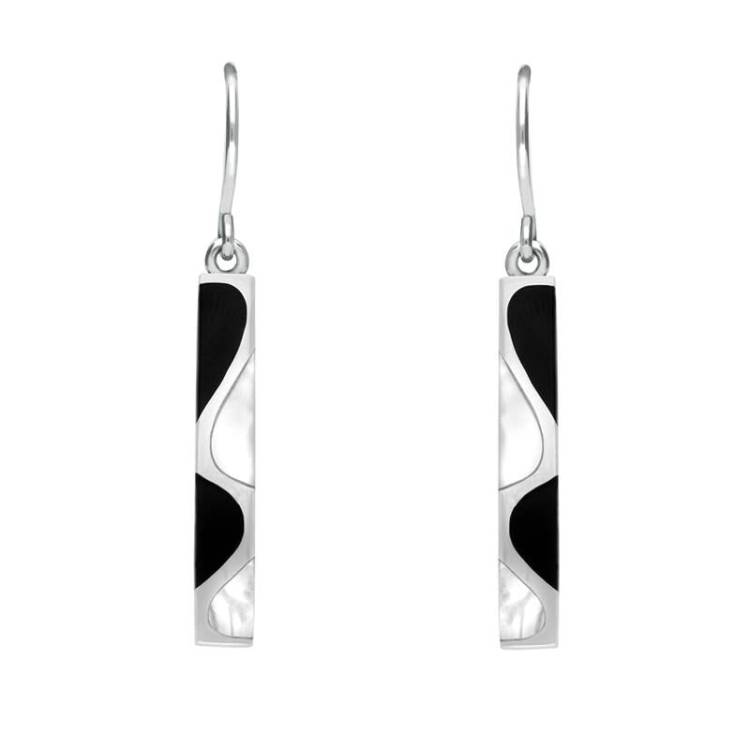 Sterling Silver Whitby Jet Mother of Pearl Slim Four Stone Drop Earrings - Silver