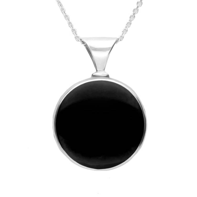 Sterling Silver Whitby Jet Mother of Pearl Round Heavy Fob Necklace - Silver