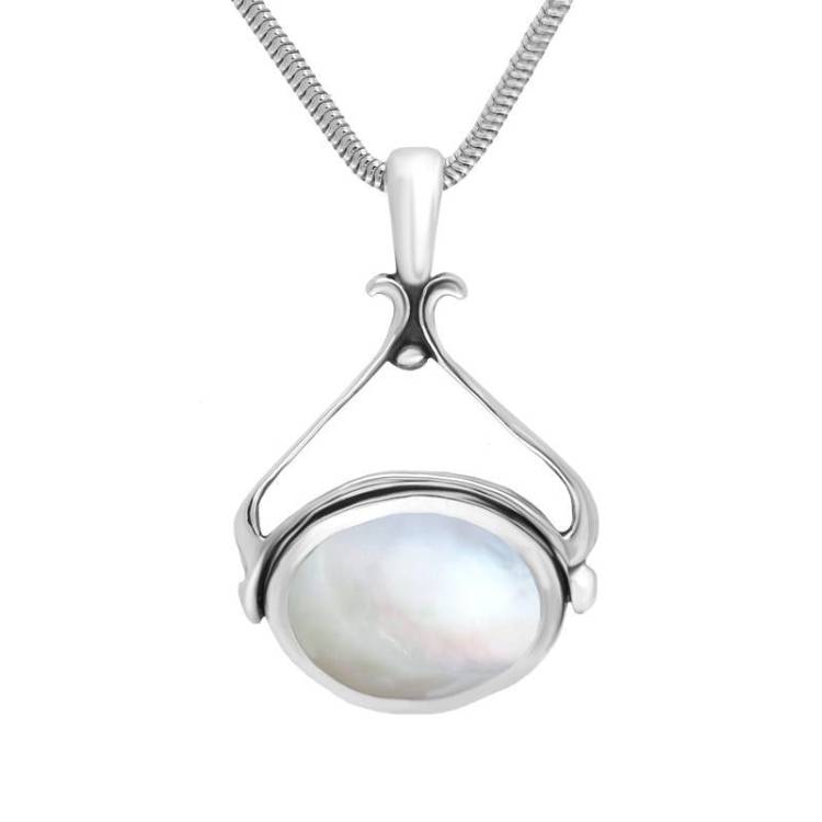 Sterling Silver Whitby Jet Mother of Pearl Oval Space Swivel Fob Necklace - Silver