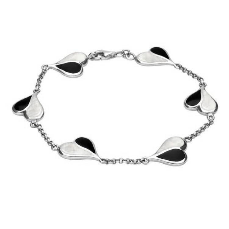 Sterling Silver Whitby Jet Mother of Pearl Split Heart Bracelet - Silver