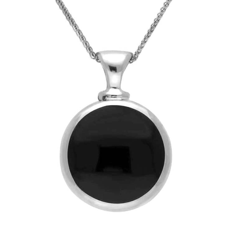 Sterling Silver Whitby Jet Mother of Pearl Double Sided Round Dinky Fob Necklace - Silver