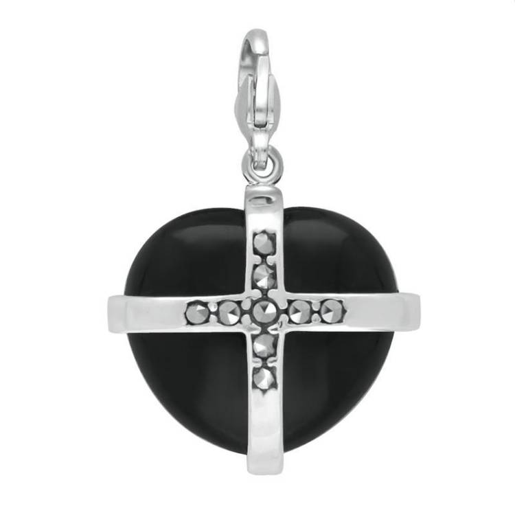 Sterling Silver Whitby Jet Nine Marcasite Cross Heart Charm - Silver