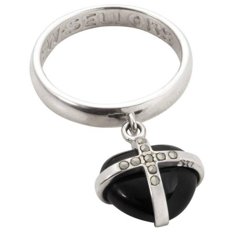 Silver Whitby Jet Nine Marcasite Small Cross Heart Dropper Ring - Silver