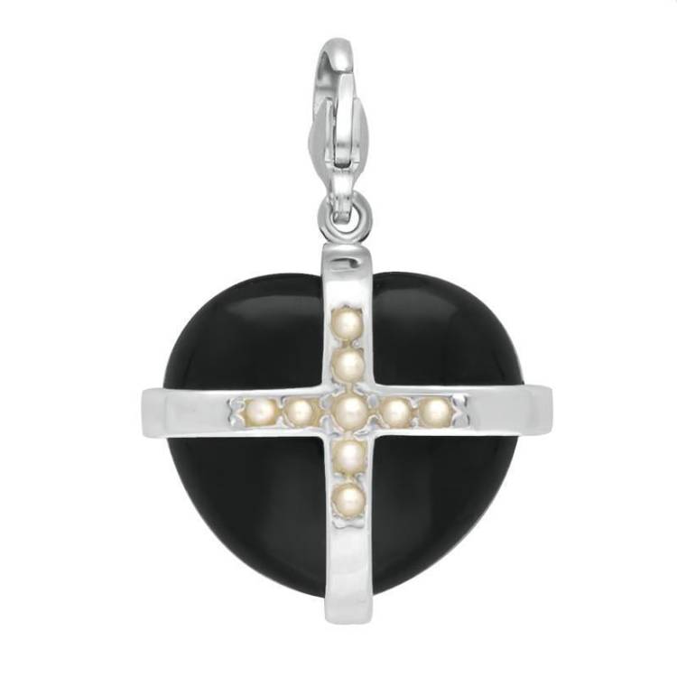 Sterling Silver Whitby Jet Nine Pearl Large Cross Heart Charm - Option1 Value Silver
