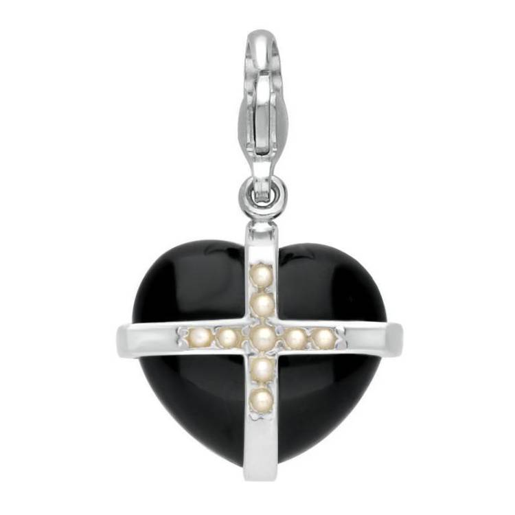 Sterling Silver Whitby Jet Nine Pearl Medium Cross Heart Charm - Silver