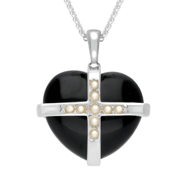 Sterling Silver Whitby Jet Nine Pearl Medium Cross Heart Necklace - Silver