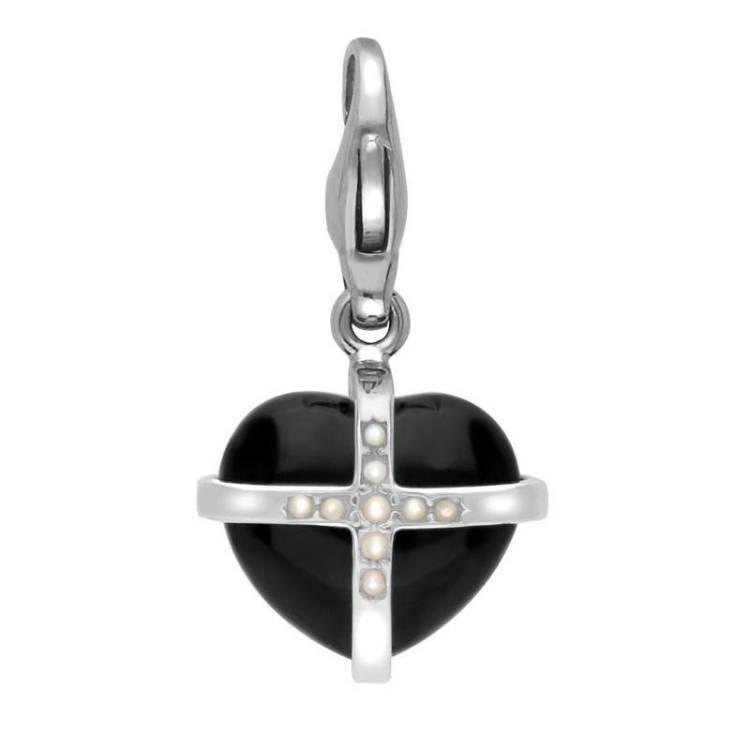 Sterling Silver Whitby Jet Nine Pearl Small Cross Heart Charm - Gold