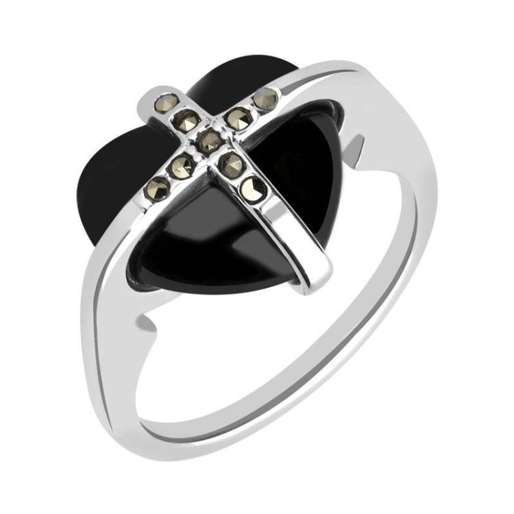 Sterling Silver Whitby Jet Nine Stone Marcasite Small Cross Heart Ring - Silver