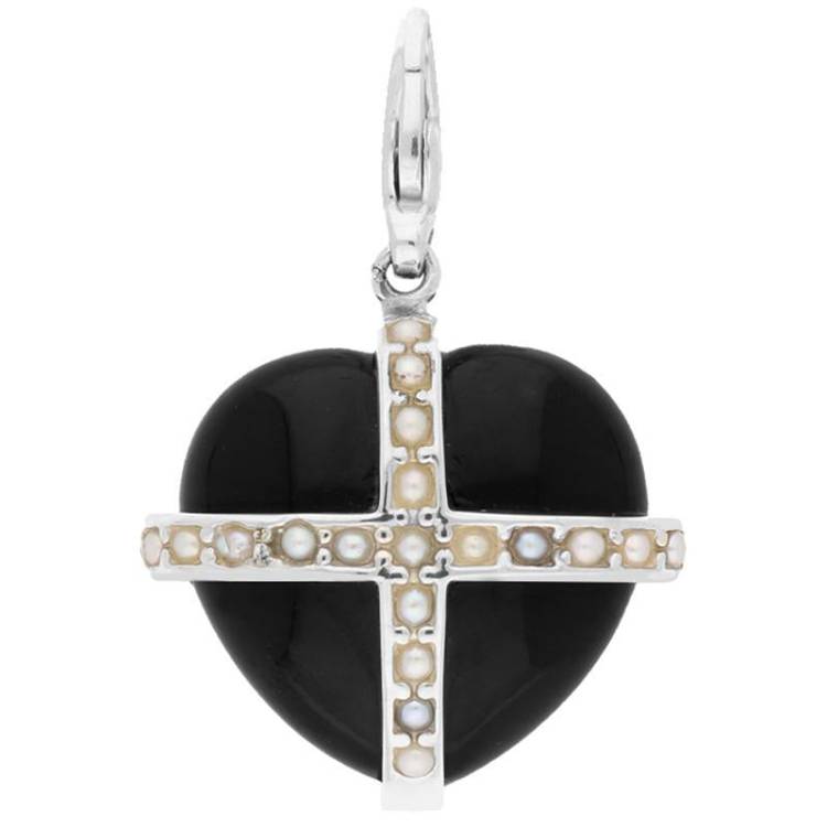 Sterling Silver Whitby Jet Nineteen Pearl Large Cross Heart Charm - Option1 Value Silver