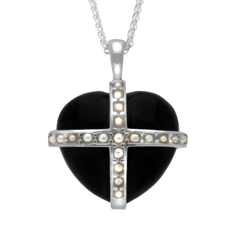 Sterling Silver Whitby Jet Nineteen Pearl Large Cross Heart Necklace - Silver