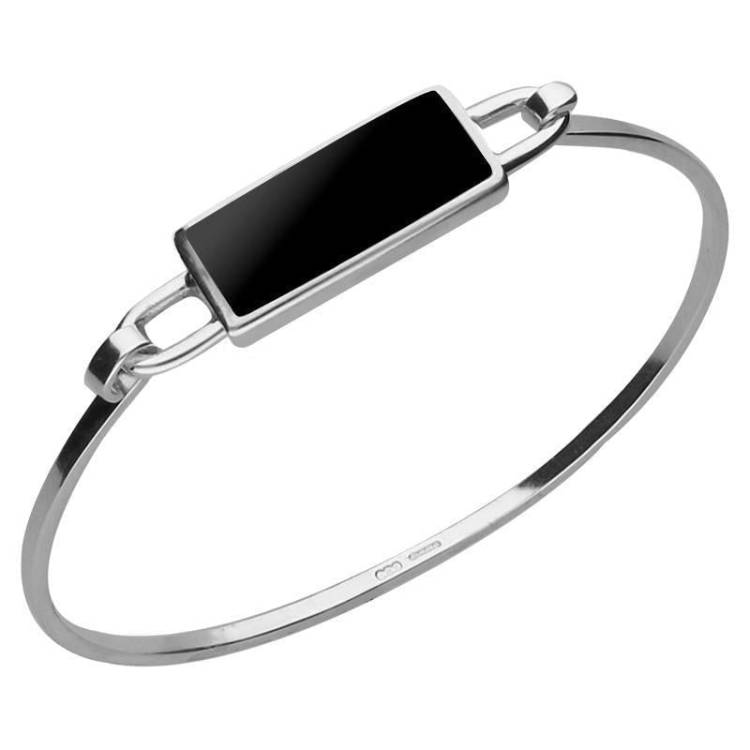Sterling Silver Whitby Jet Slim Oblong Bangle - Silver
