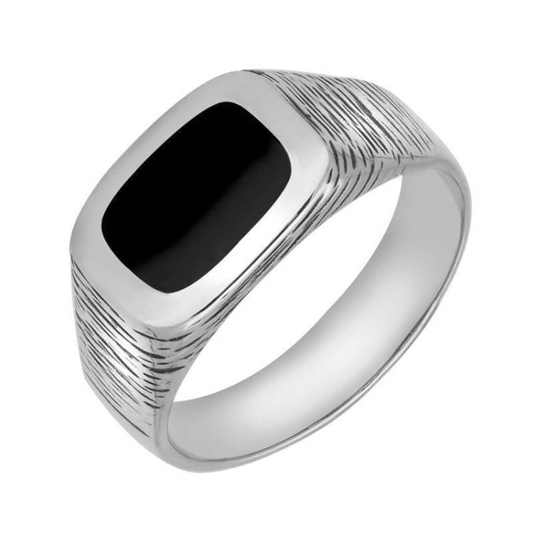 Sterling Silver Whitby Jet Oblong Bark Effect Signet Ring - Silver