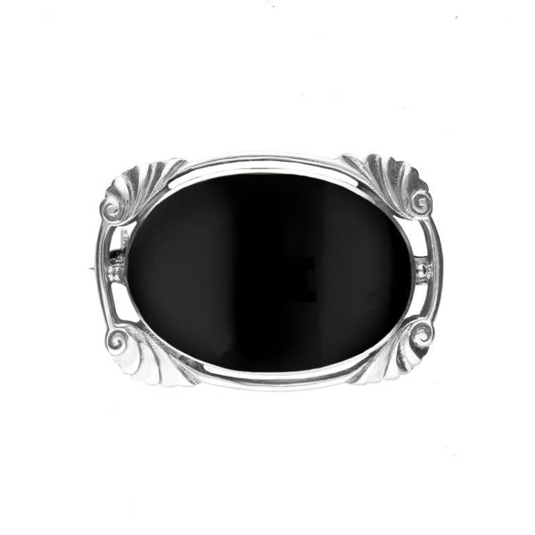 Sterling Silver Whitby Jet Oblong Oval Shaped Brooch - Silver