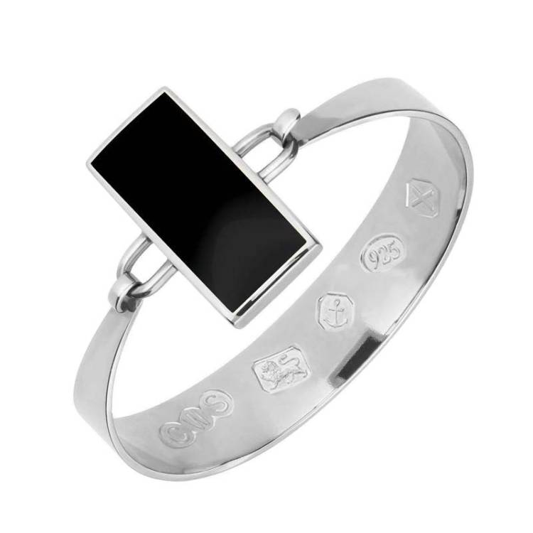 Sterling Silver Whitby Jet Oblong Stone Heavy Bangle