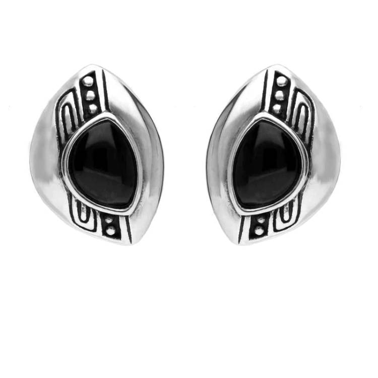 Sterling Silver Whitby Jet Offset Beaded Line Stud Earrings - Option1 Value Silver