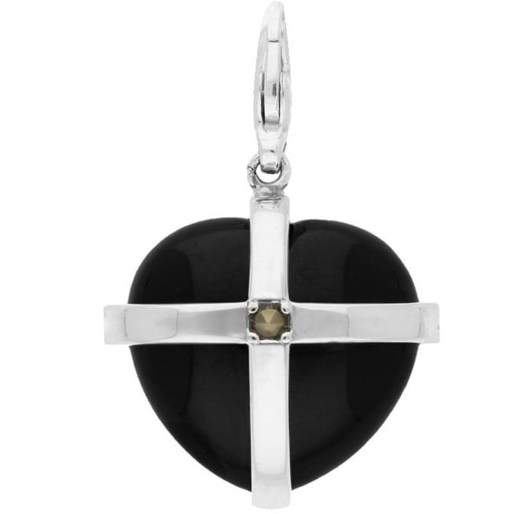 Sterling Silver Whitby Jet One Marcasite Medium Cross Heart Charm - Option1 Value Silver