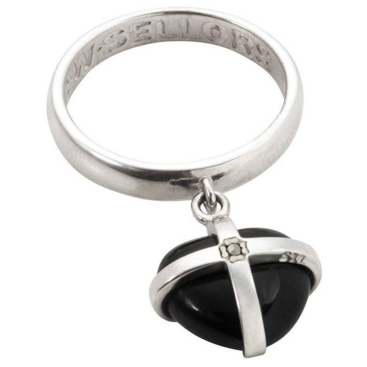 Silver Whitby Jet One Marcasite Small Cross Heart Dropper Ring - Silver