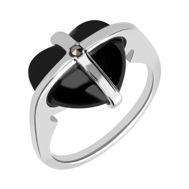 Sterling Silver Whitby Jet One Marcasite Small Cross Heart Ring - Silver