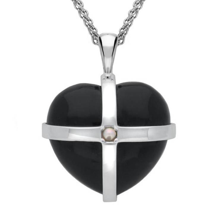 Sterling Silver Whitby Jet One Pearl Large Cross Heart Necklace - Silver