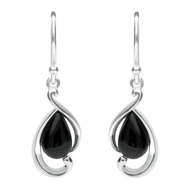 Sterling Silver Whitby Jet Open Fancy Pear Drop Earrings - Silver