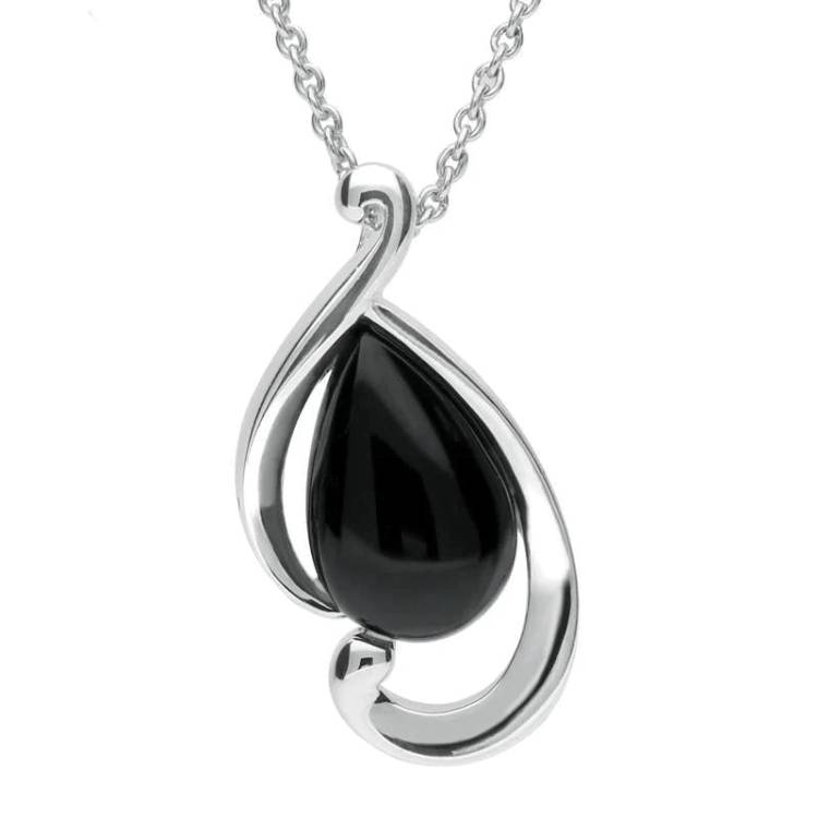 Sterling Silver Whitby Jet Open Fancy Pear Necklace - Silver