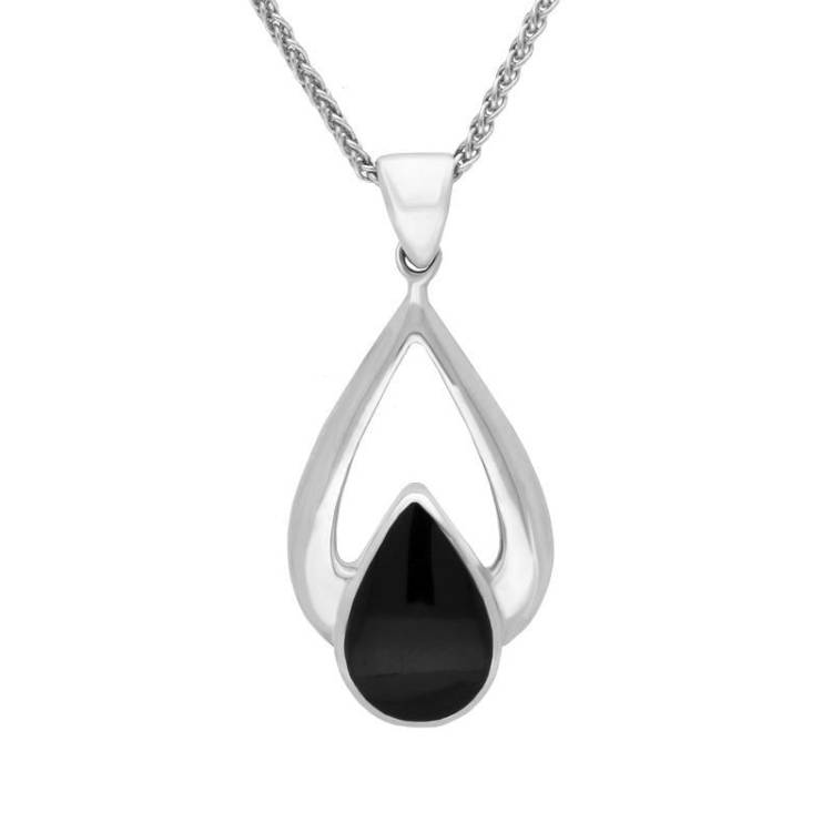 Sterling Silver Whitby Jet Open Framed Pear Drop Necklace - Silver
