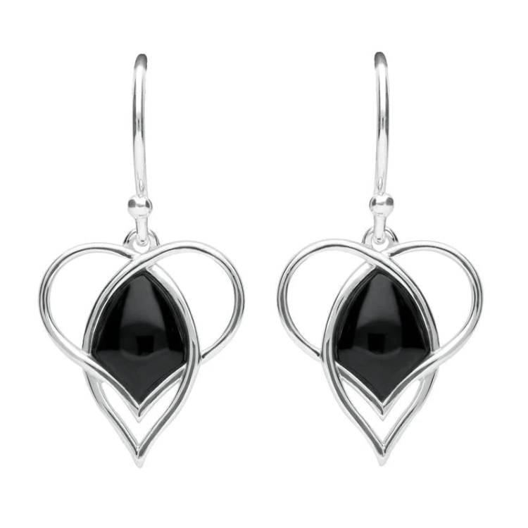 Sterling Silver Whitby Jet Open Heart Twist Hook Earrings - Silver