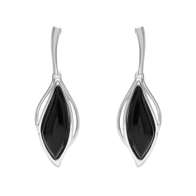 Sterling Silver Whitby Jet Open Marquise Drop Earrings - Silver