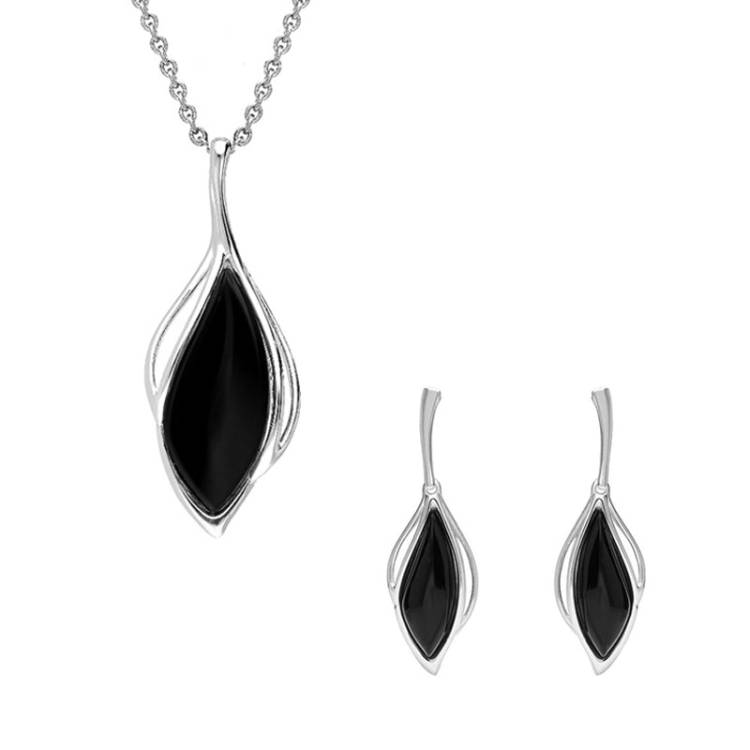 Sterling Silver Whitby Jet Open Marquise Two Piece Set - Silver