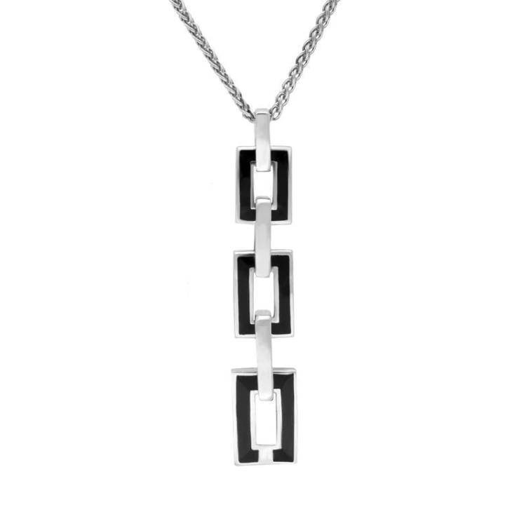 Sterling Silver Whitby Jet Open Oblong Triple Link Drop Necklace D - Silver